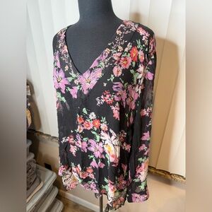 Carole Little Sheer Floral V-Neck Women's Top Sequined Embroidered Neckline 2X